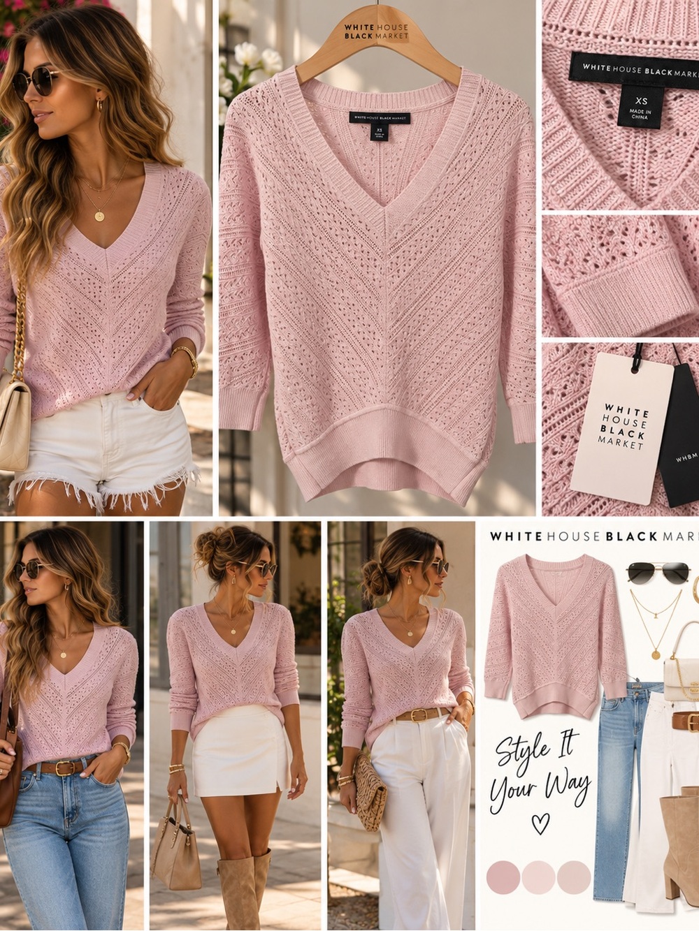 White House Black Market Blush Pink V-Neck Pointelle Knit Sweater